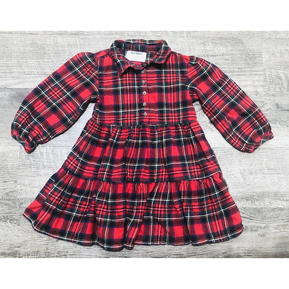 Old Navy Red Plaid Flannel Dress Sz 3T Smocked Long Sleeve Toddler Girl C27